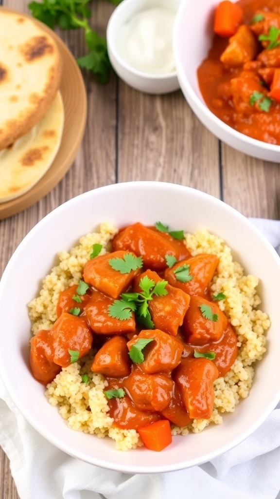 A colorful bowl of Chicken Tikka Masala Quinoa with chicken in tomato sauce over quinoa, garnished with cilantro, on a rustic table with naan and yogurt.